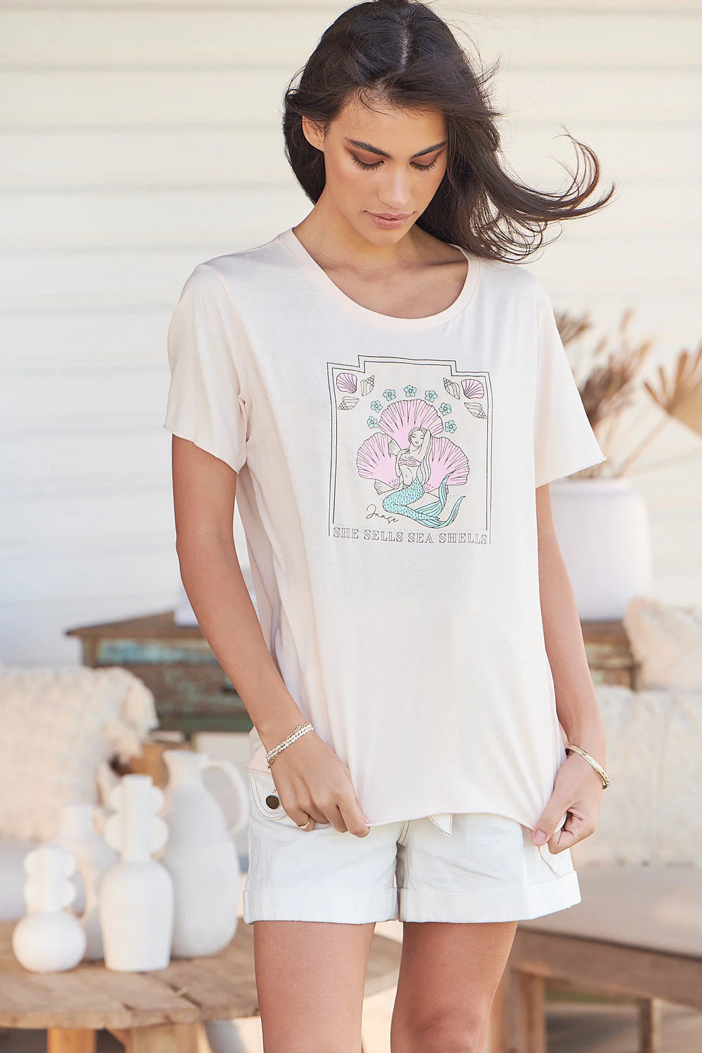 Jaase Ariel Sea Shell Vintage Graphic T-Shirt with Raw Edge Round Neck - Peach Dust - Image 3