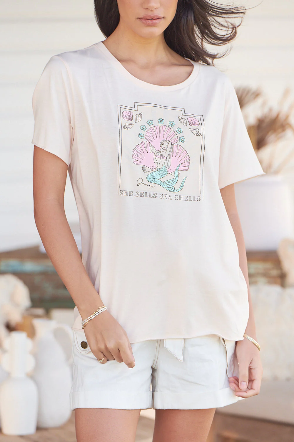 Jaase Ariel Sea Shell Vintage Graphic T-Shirt with Raw Edge Round Neck - Peach Dust - Image 4