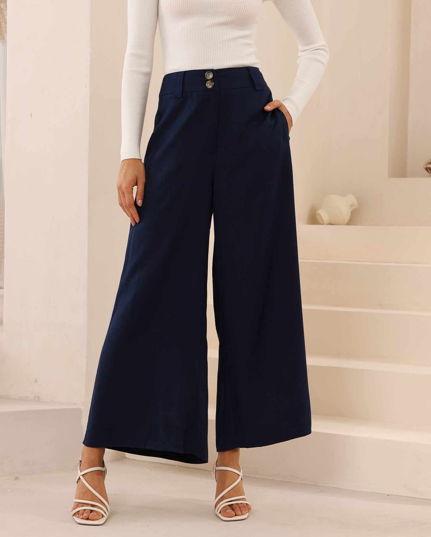 Iris Maxi Joplin Silk Linen Pants with Button Zip Front - Navy - Image 3