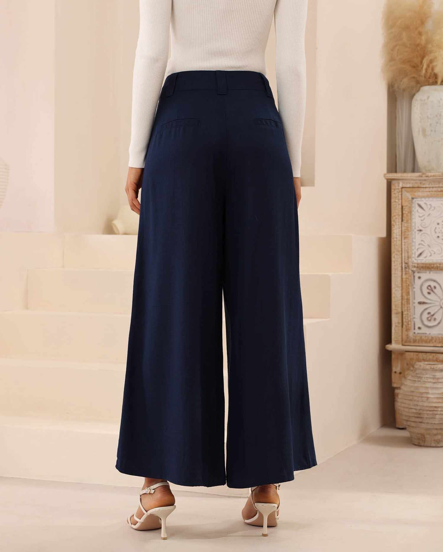 Iris Maxi Joplin Silk Linen Pants with Button Zip Front - Navy - Image 5