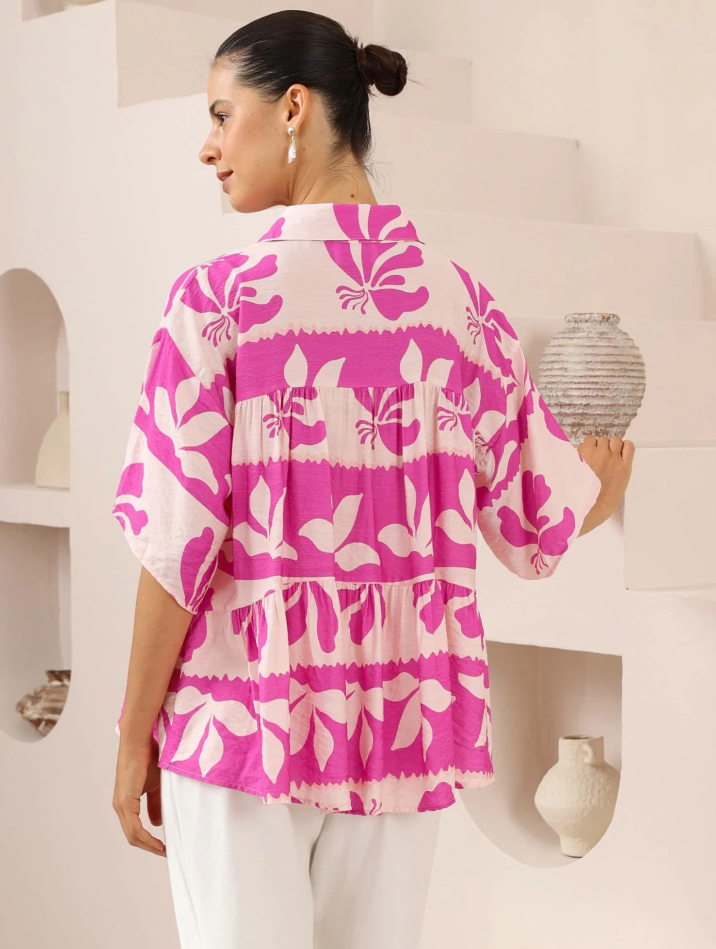 Iris Maxi Sarah Cotton Blouse Top with V-Neck Collar Buttoned Wide Sleeve - Pink Paradise - Image 3