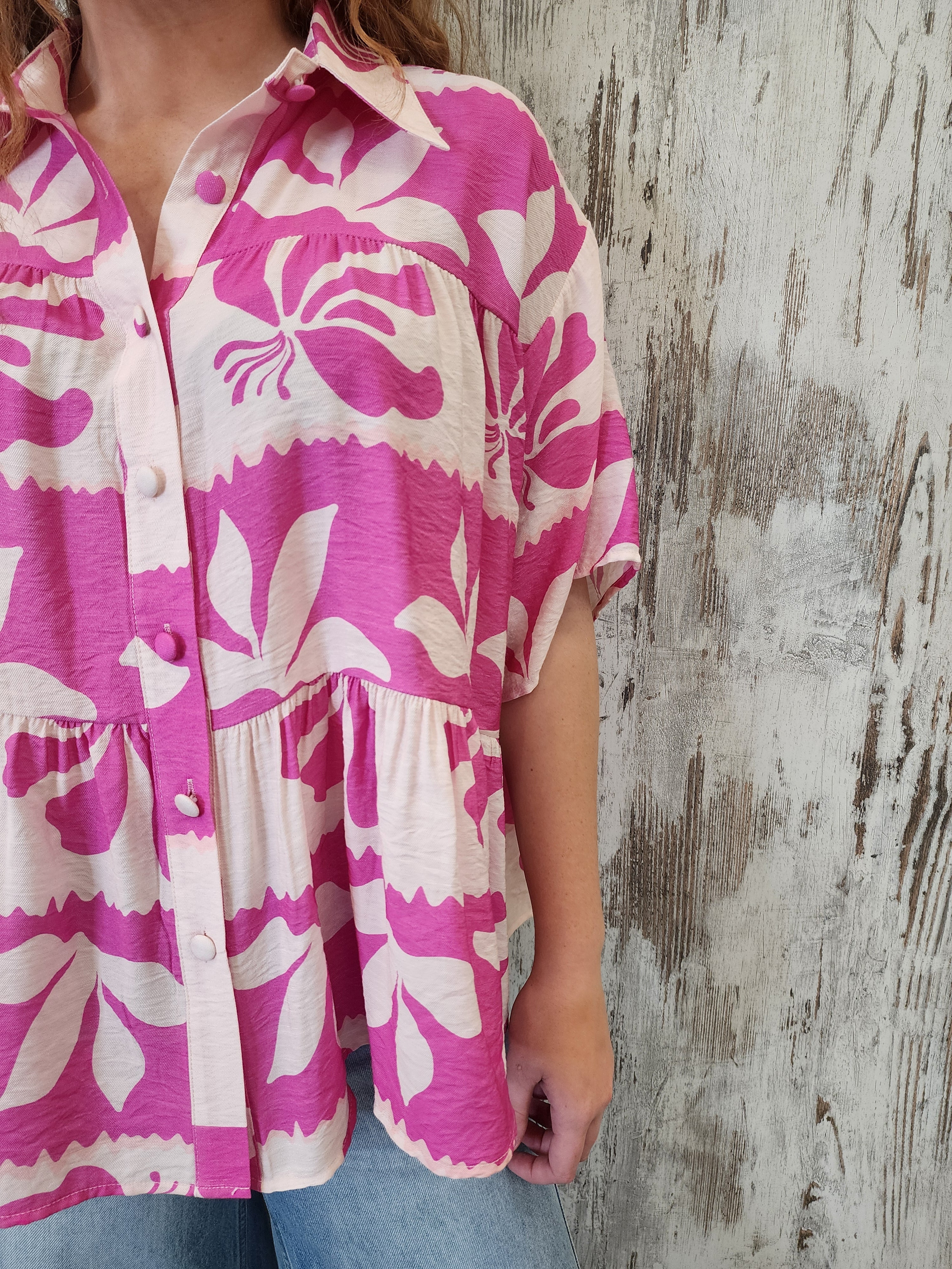 Iris Maxi Sarah Cotton Blouse Top with V-Neck Collar Buttoned Wide Sleeve - Pink Paradise - Image 4