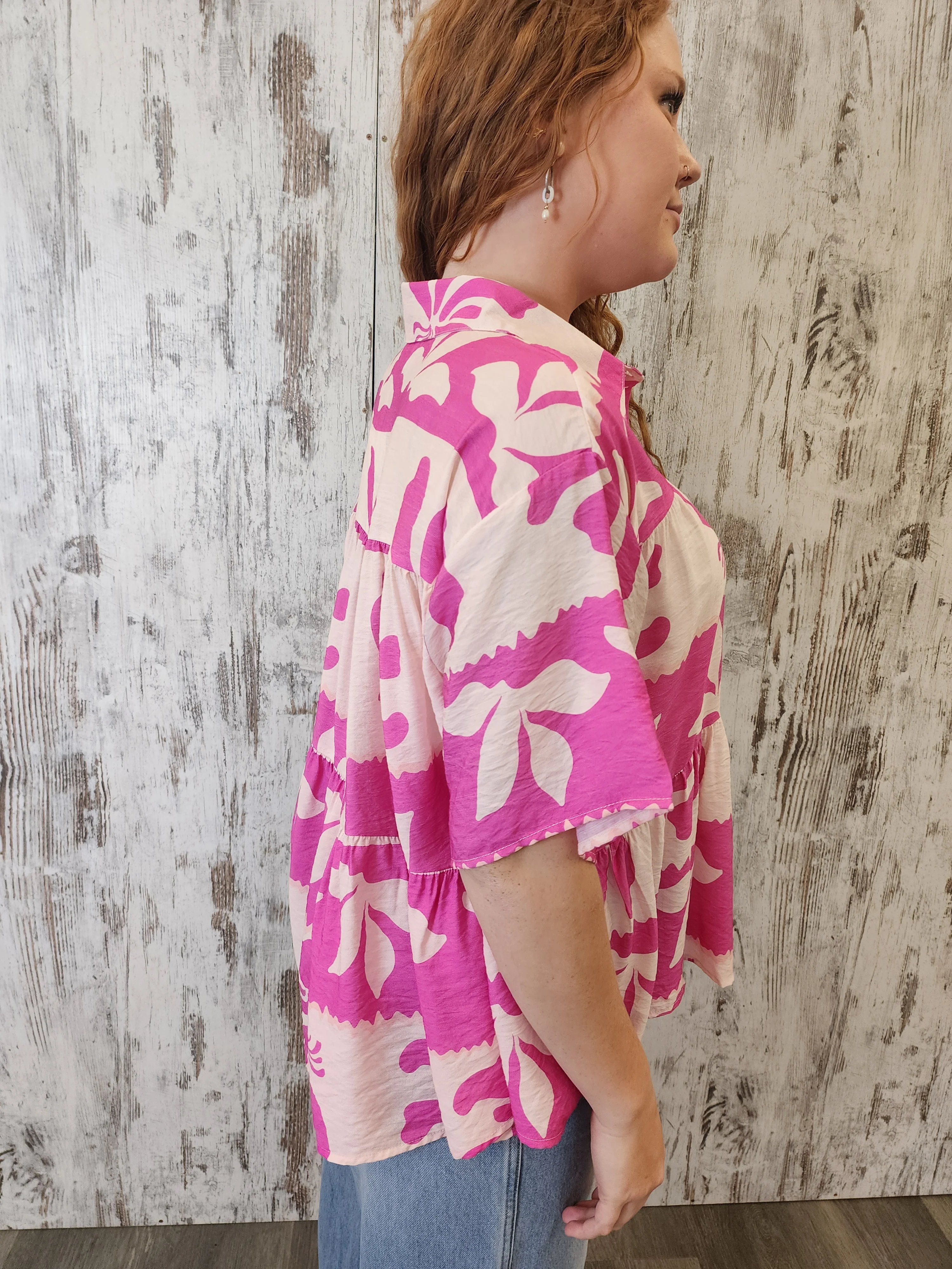 Iris Maxi Sarah Cotton Blouse Top with V-Neck Collar Buttoned Wide Sleeve - Pink Paradise - Image 5