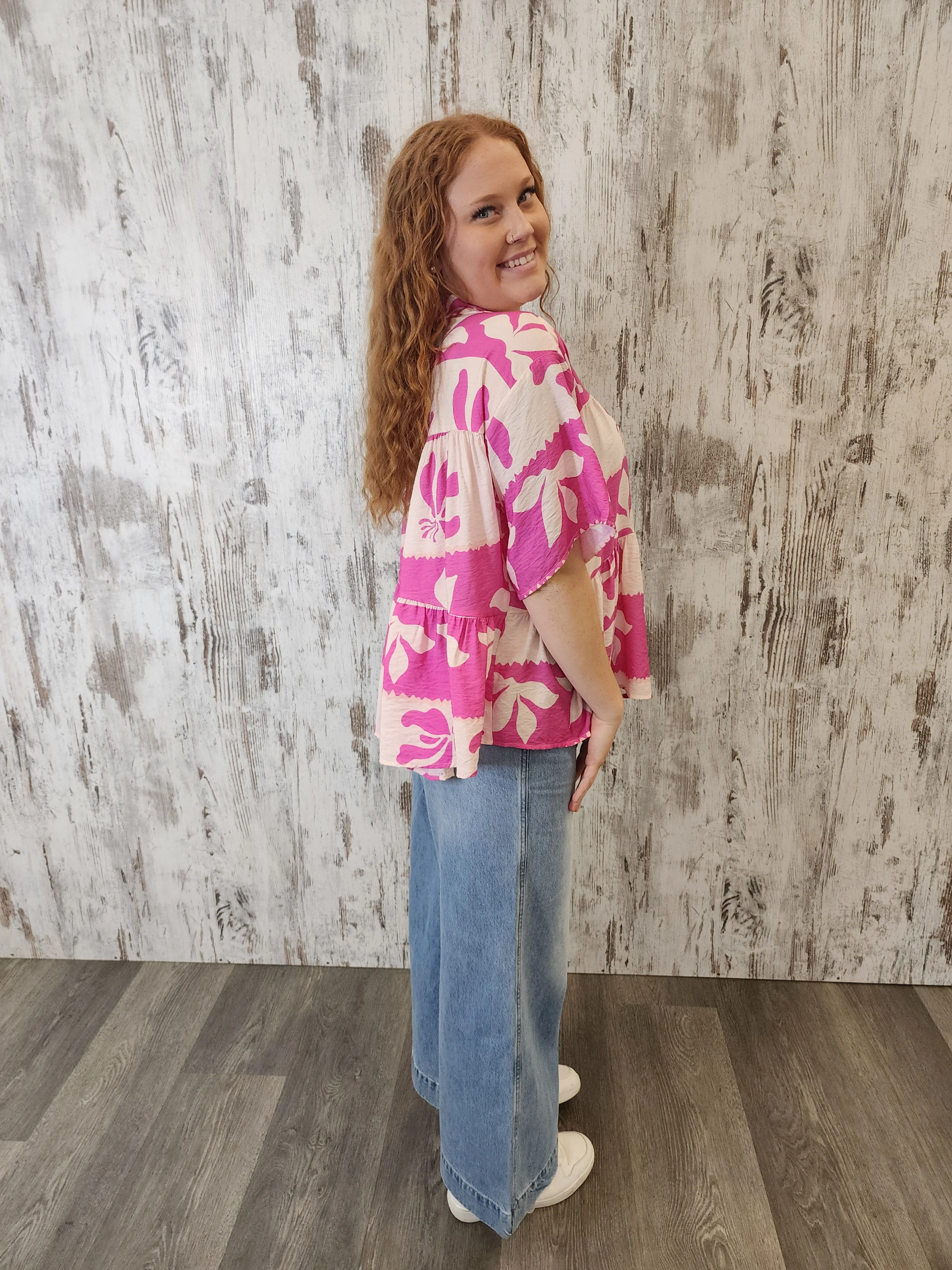 Iris Maxi Sarah Cotton Blouse Top with V-Neck Collar Buttoned Wide Sleeve - Pink Paradise - Image 7