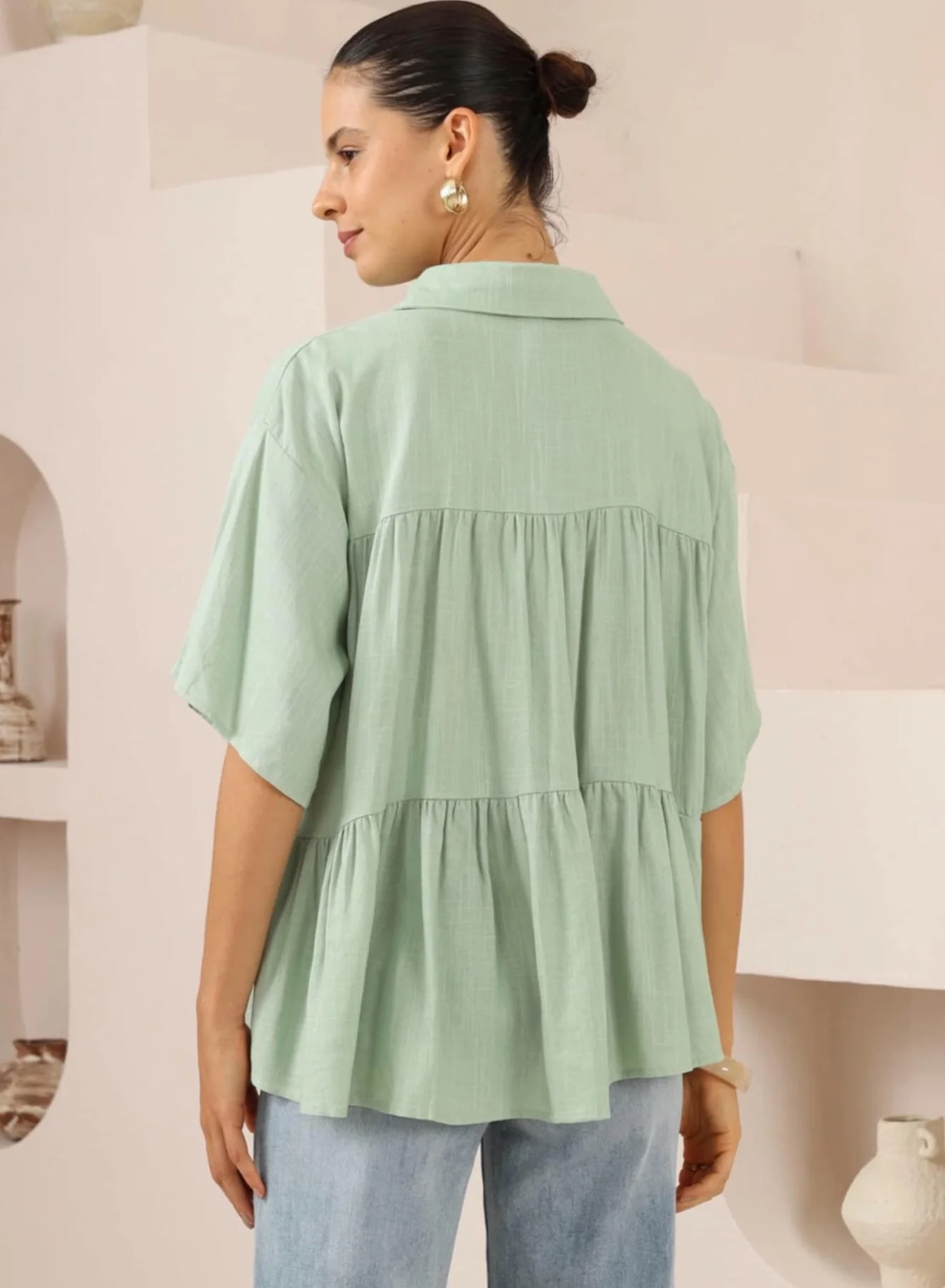 Iris Maxi Sarah Cotton Blouse Top with V-Neck Collar Buttoned Wide Sleeve - Pistachio - Image 3