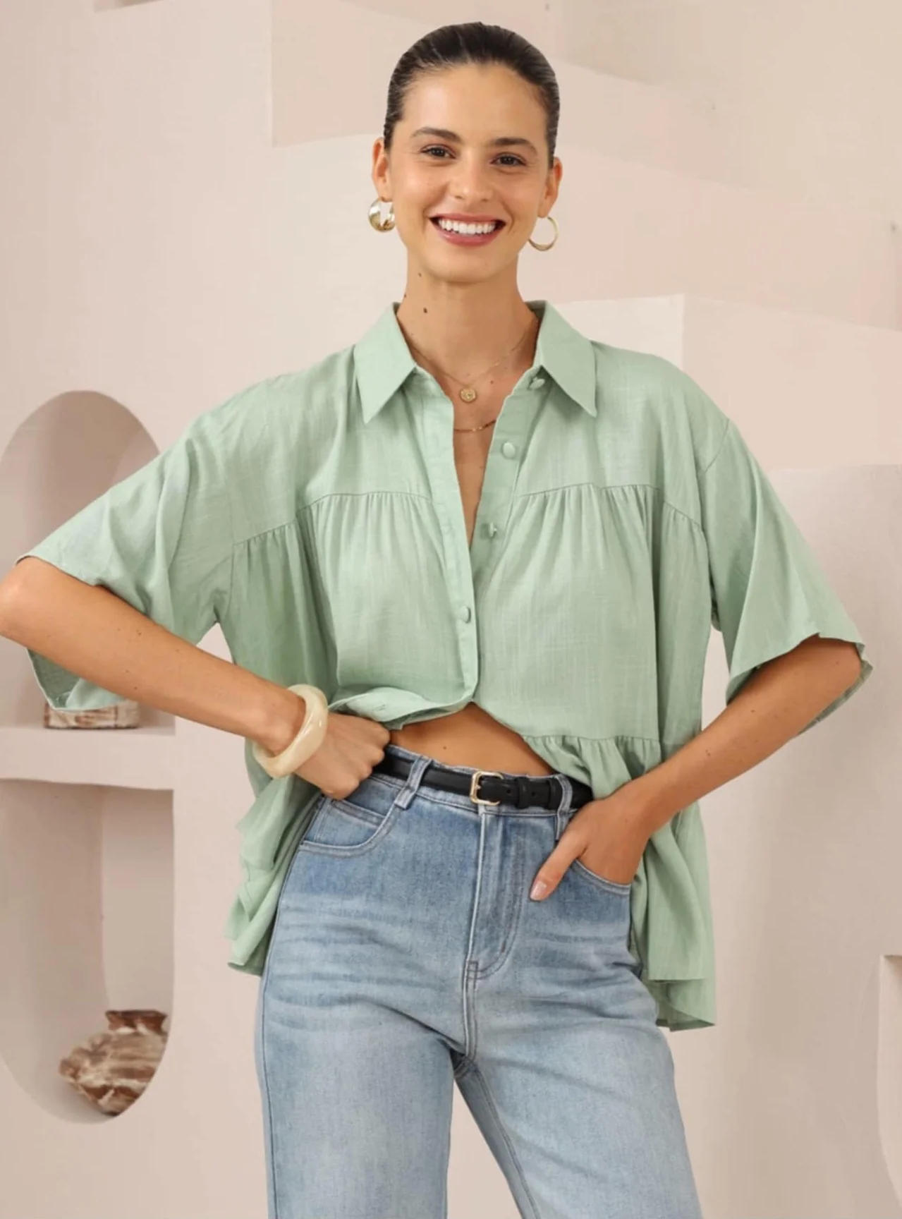 Iris Maxi Sarah Cotton Blouse Top with V-Neck Collar Buttoned Wide Sleeve - Pistachio - Image 4