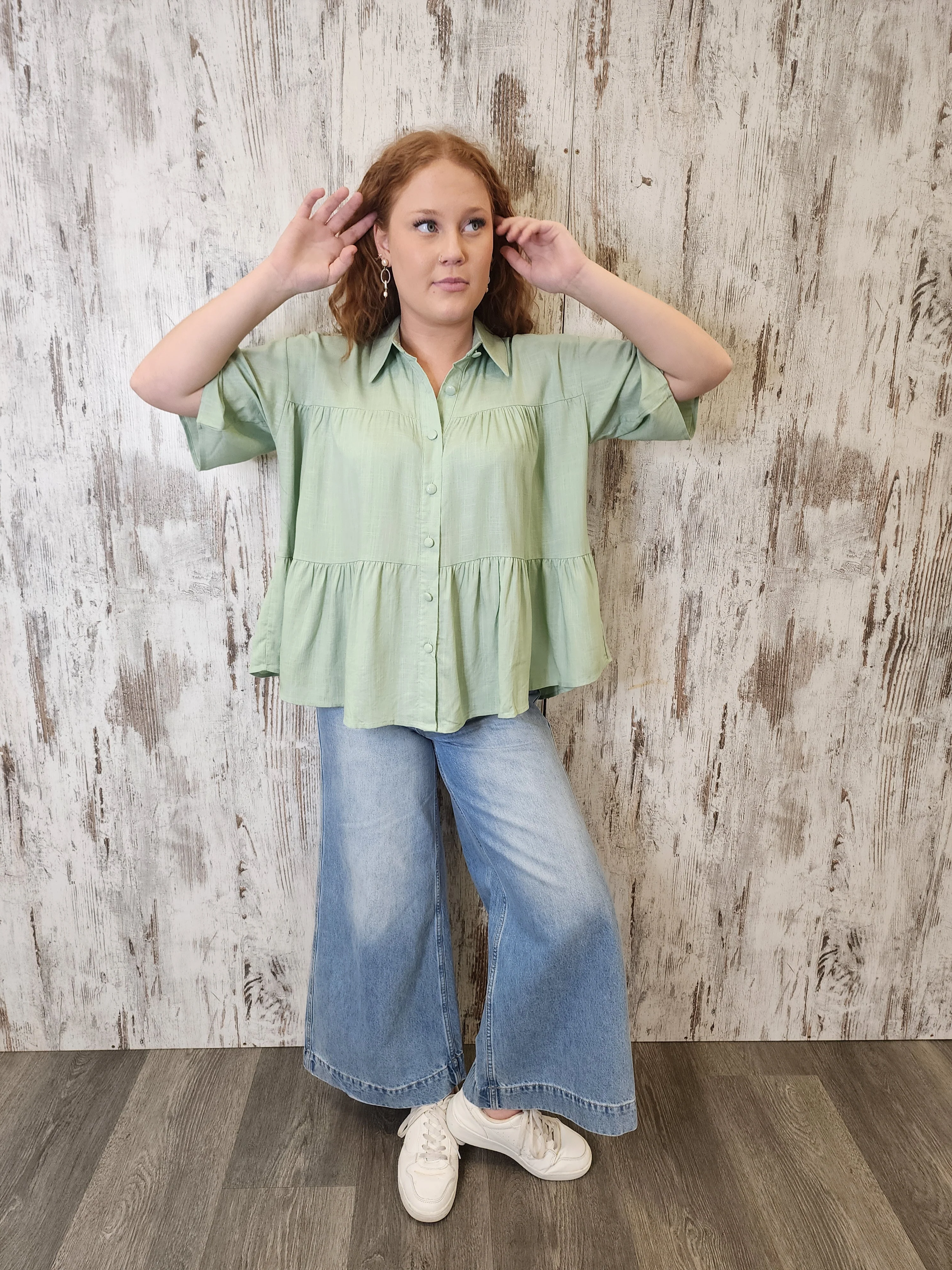 Iris Maxi Sarah Cotton Blouse Top with V-Neck Collar Buttoned Wide Sleeve - Pistachio - Image 5