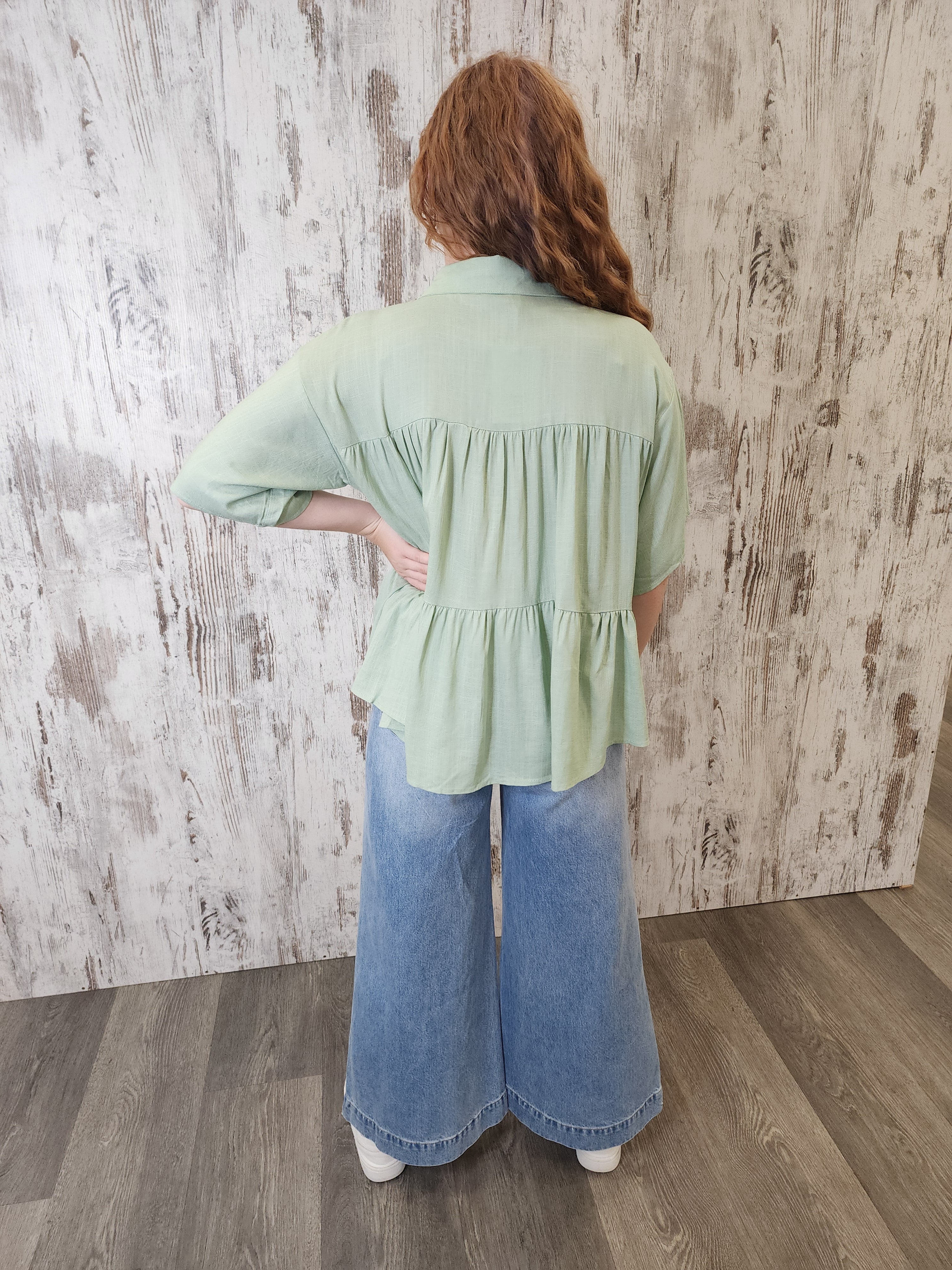 Iris Maxi Sarah Cotton Blouse Top with V-Neck Collar Buttoned Wide Sleeve - Pistachio - Image 6