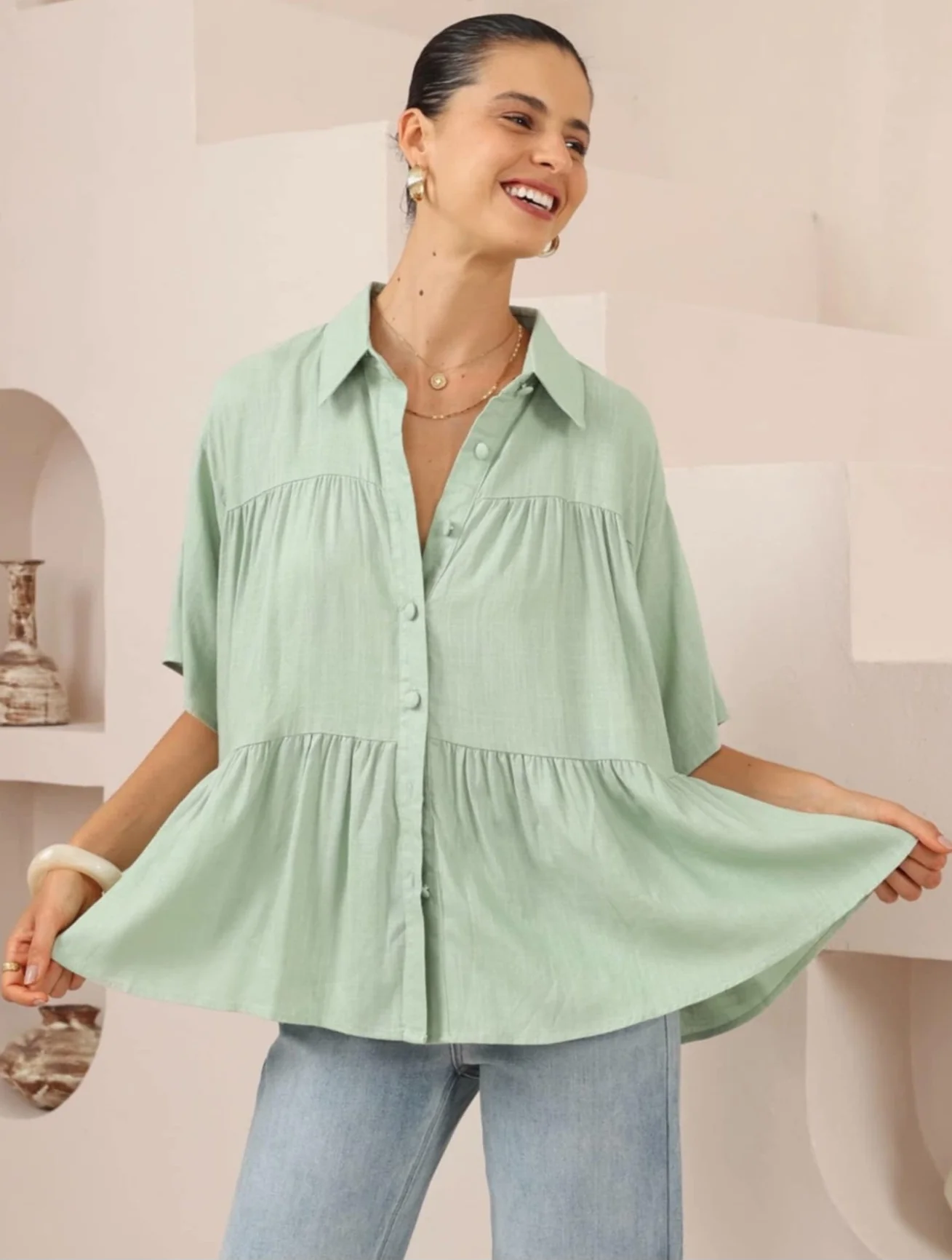 Iris Maxi Sarah Cotton Blouse Top with V-Neck Collar Buttoned Wide Sleeve - Pistachio - Image 7