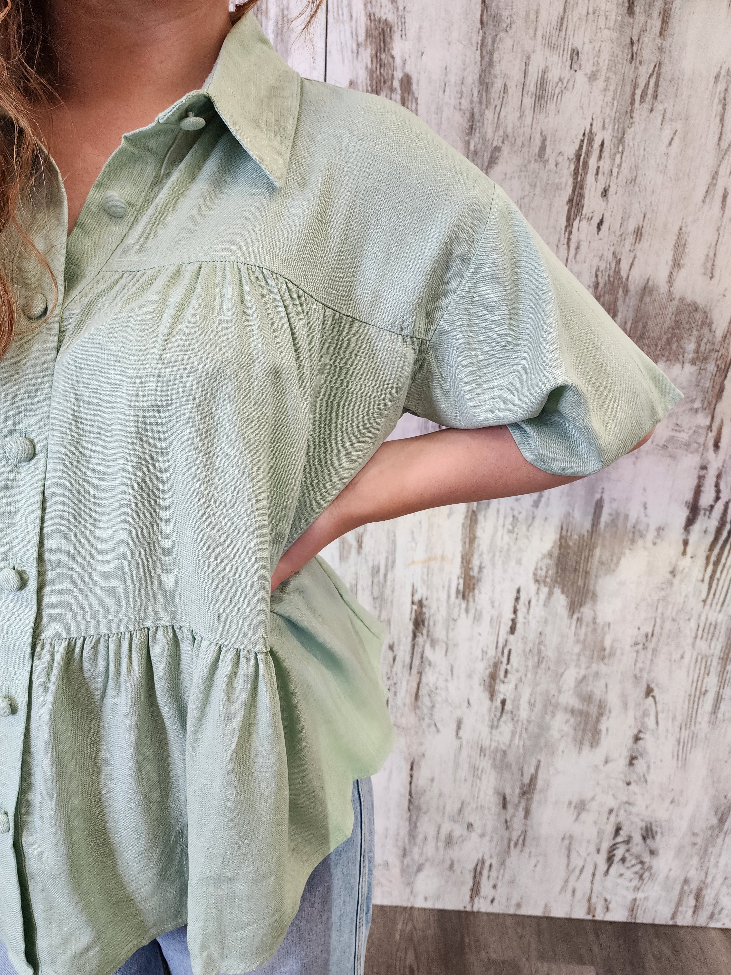 Iris Maxi Sarah Cotton Blouse Top with V-Neck Collar Buttoned Wide Sleeve - Pistachio - Image 8