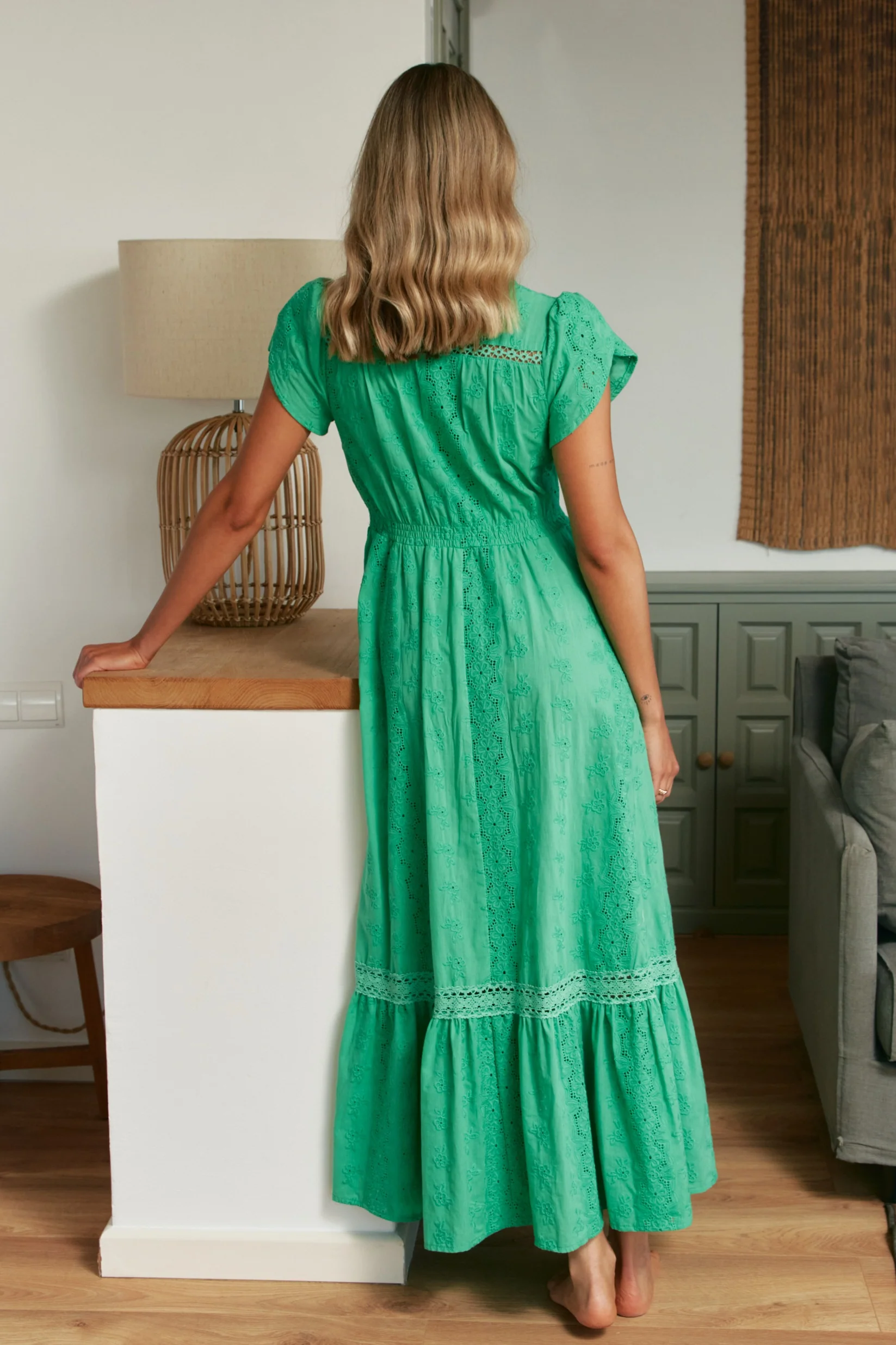 Jaase Carmen Cotton Embroidered Maxi Dress with Shell Sleeve V-Neck Pockets Buttons - Emerald - Image 5