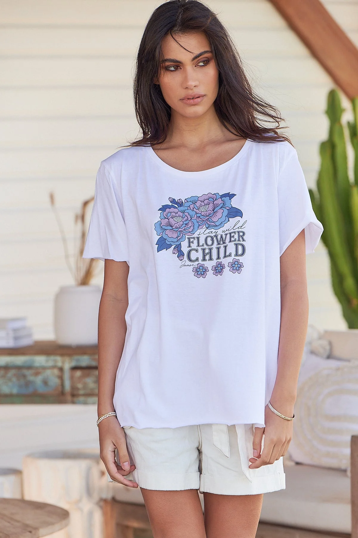Jaase Flower Child Vintage Graphic T-Shirt with Raw Edge Round Neck - White - Image 3
