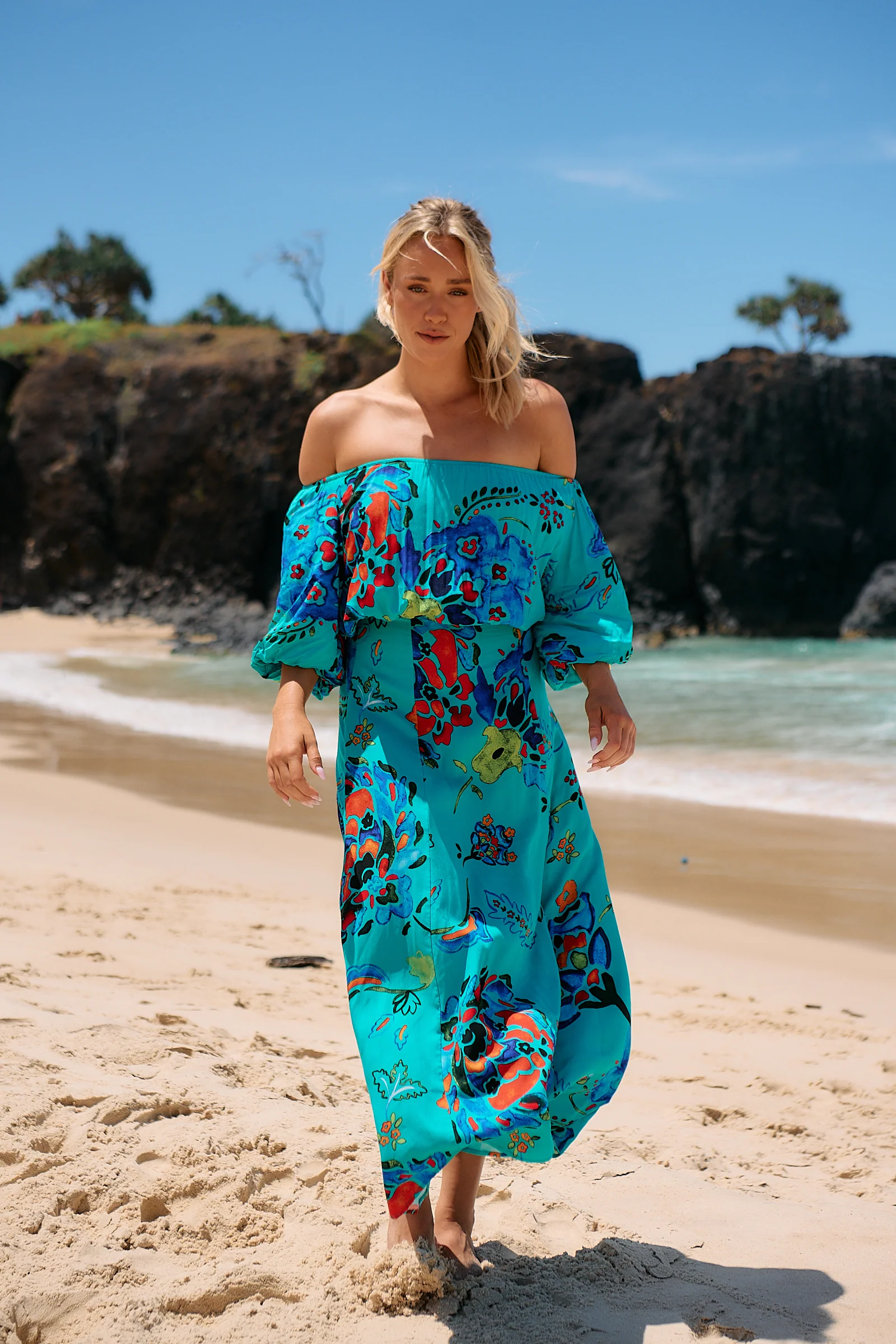 Jaase Hallie Maxi Dress with Off Shoulder A-Line Skirt Puff Sleeve - Isla Mare - Image 3