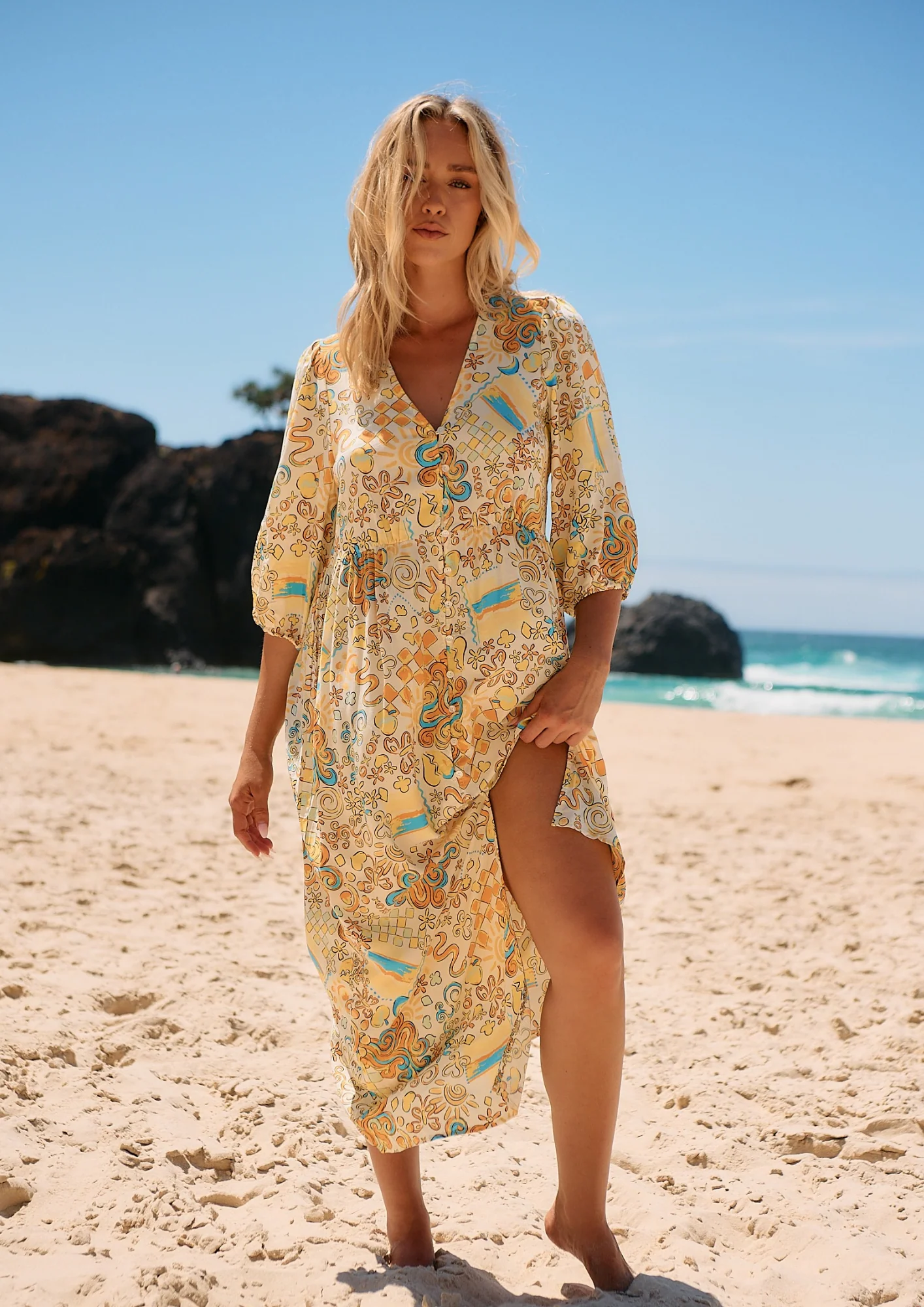 Jaase Ivy Midi Dress with Half Sleeve V Neck Buttons - Sonnie - Image 3