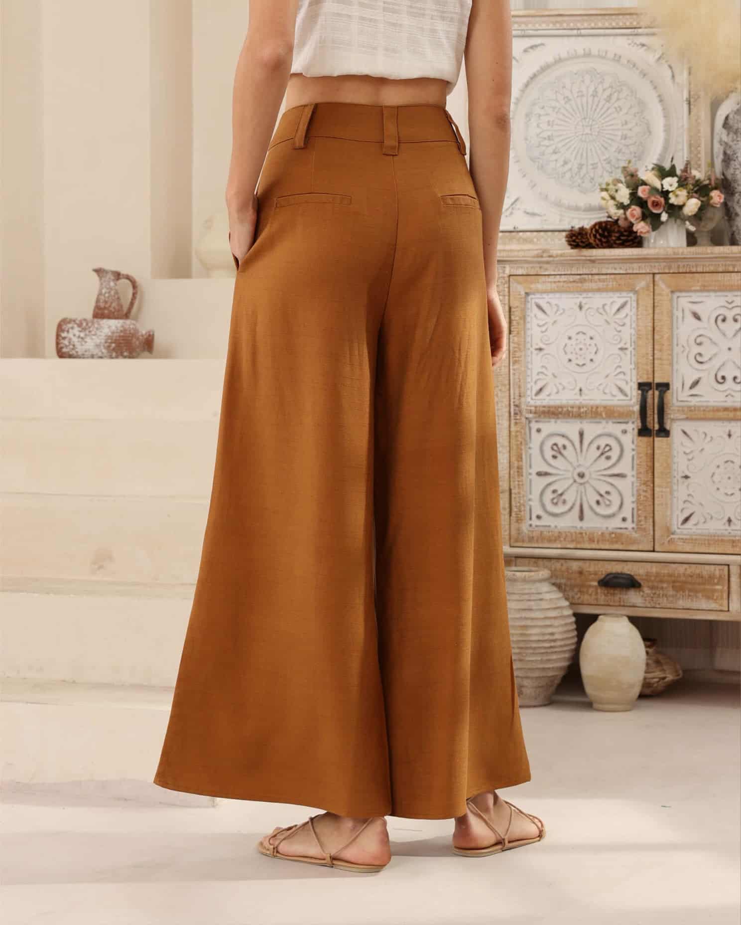 Iris Maxi Joplin Silk Linen Pants Button Zip Front - Vintage Mustard - Image 3