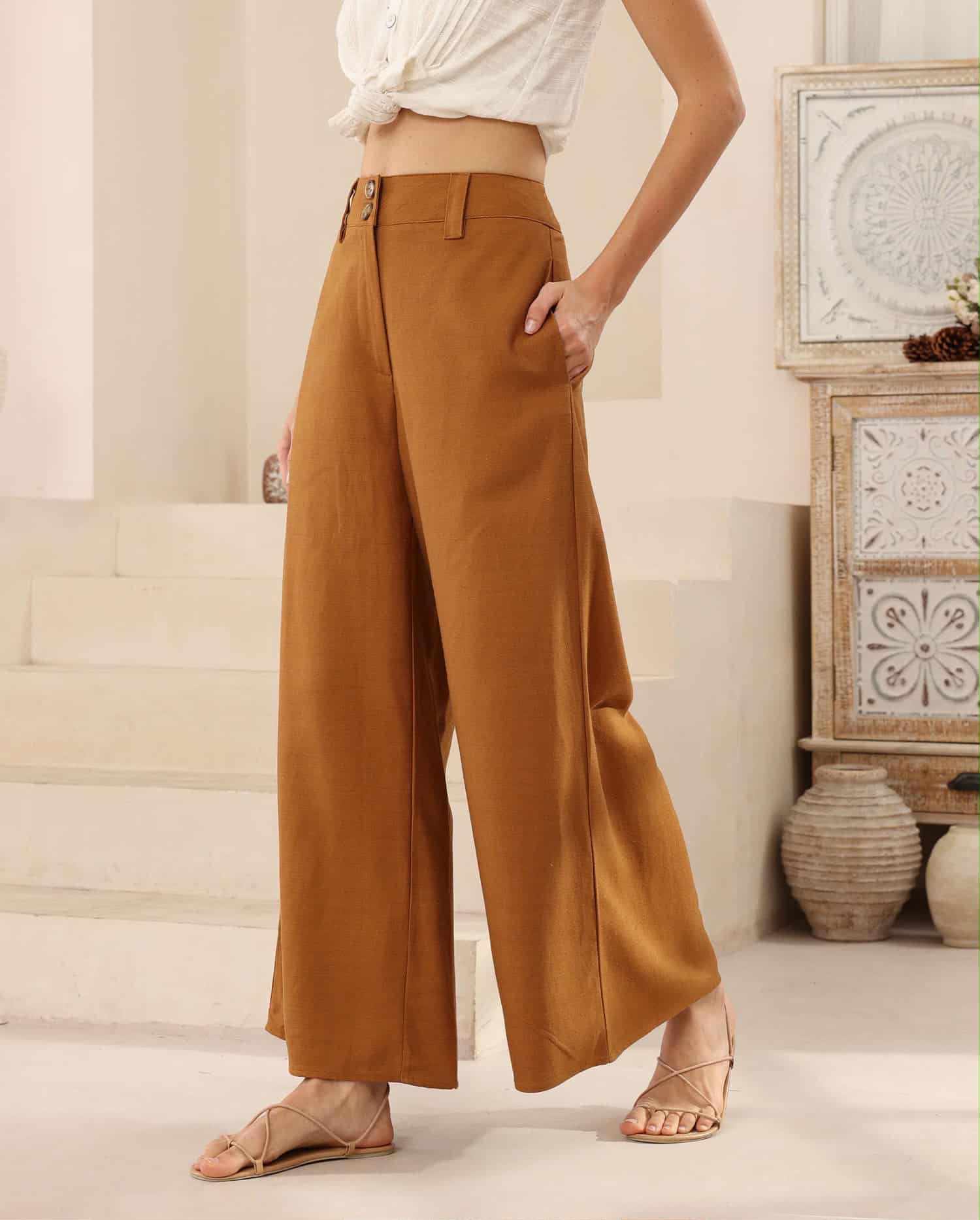 Iris Maxi Joplin Silk Linen Pants Button Zip Front - Vintage Mustard - Image 4