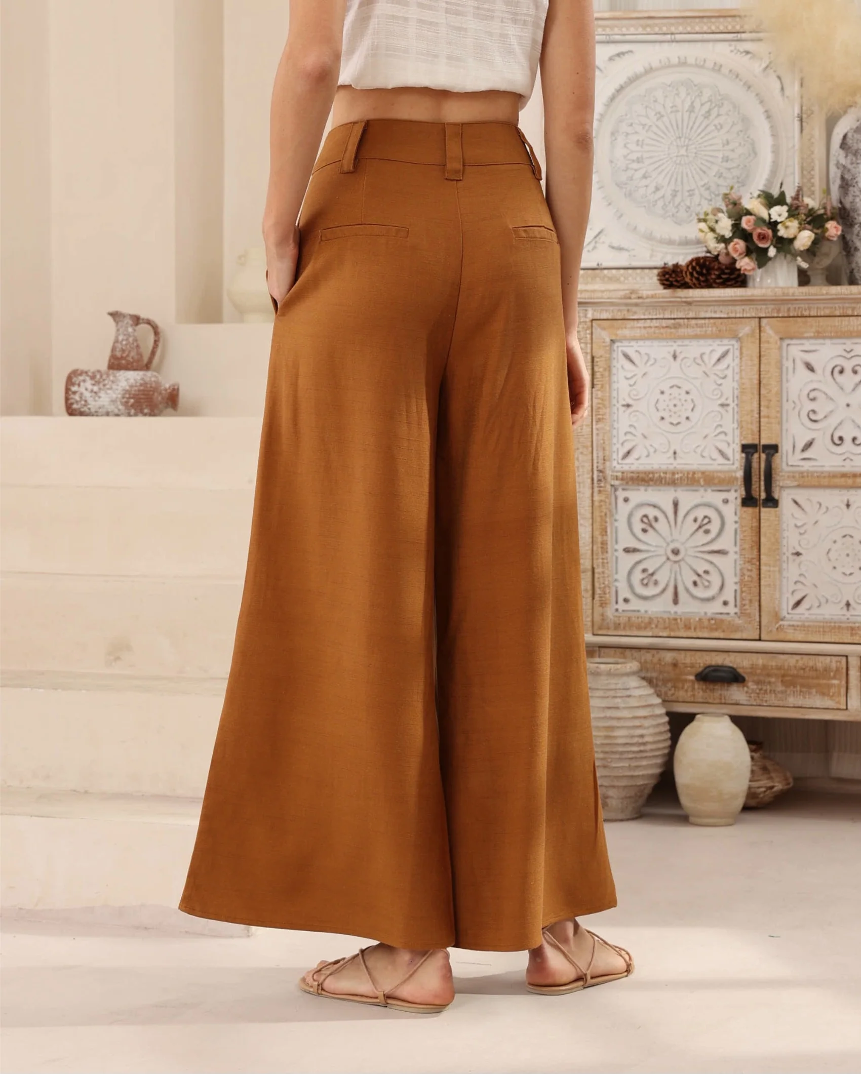 Iris Maxi Joplin Silk Linen Pants Button Zip Front - Vintage Mustard - Image 5