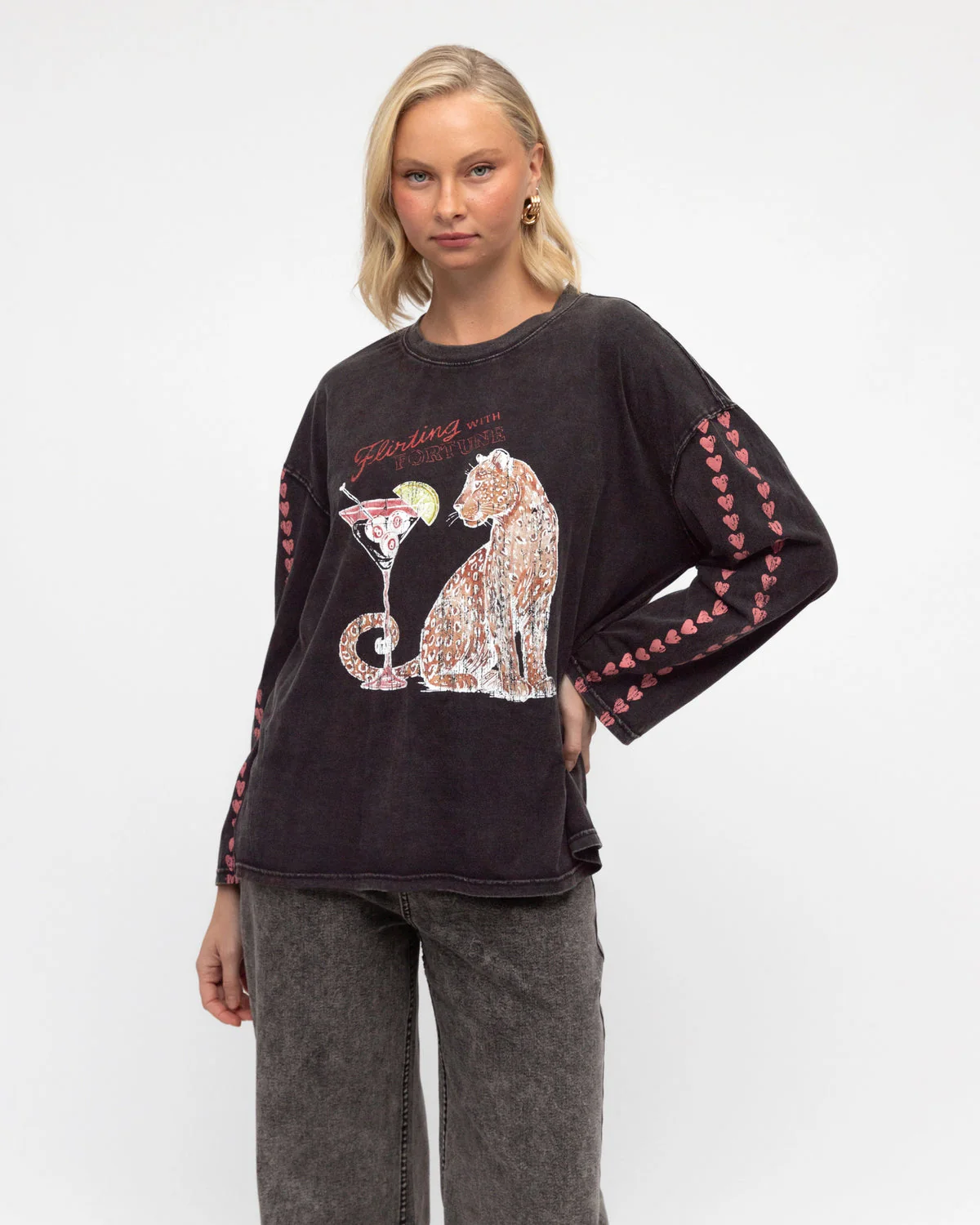 Paper Heart Flirting With Fortune Long Sleeved Vintage T-Shirt - Washed Black - Image 7